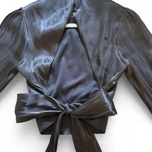 Elegant Black Satin Cropped Blouse with Bow Tie Back and Button Details Size S